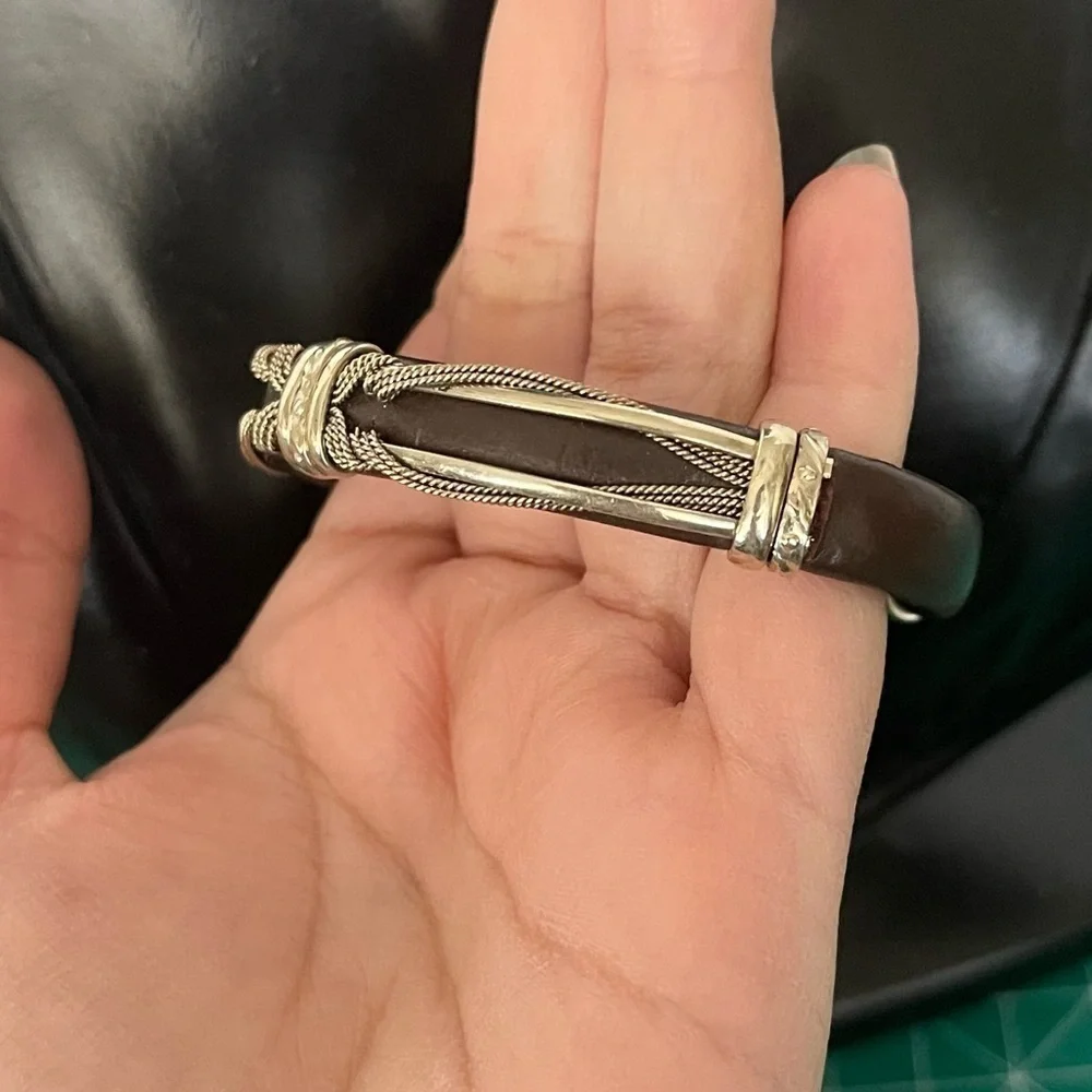 Leather brass wired silver tone cuff bracelet